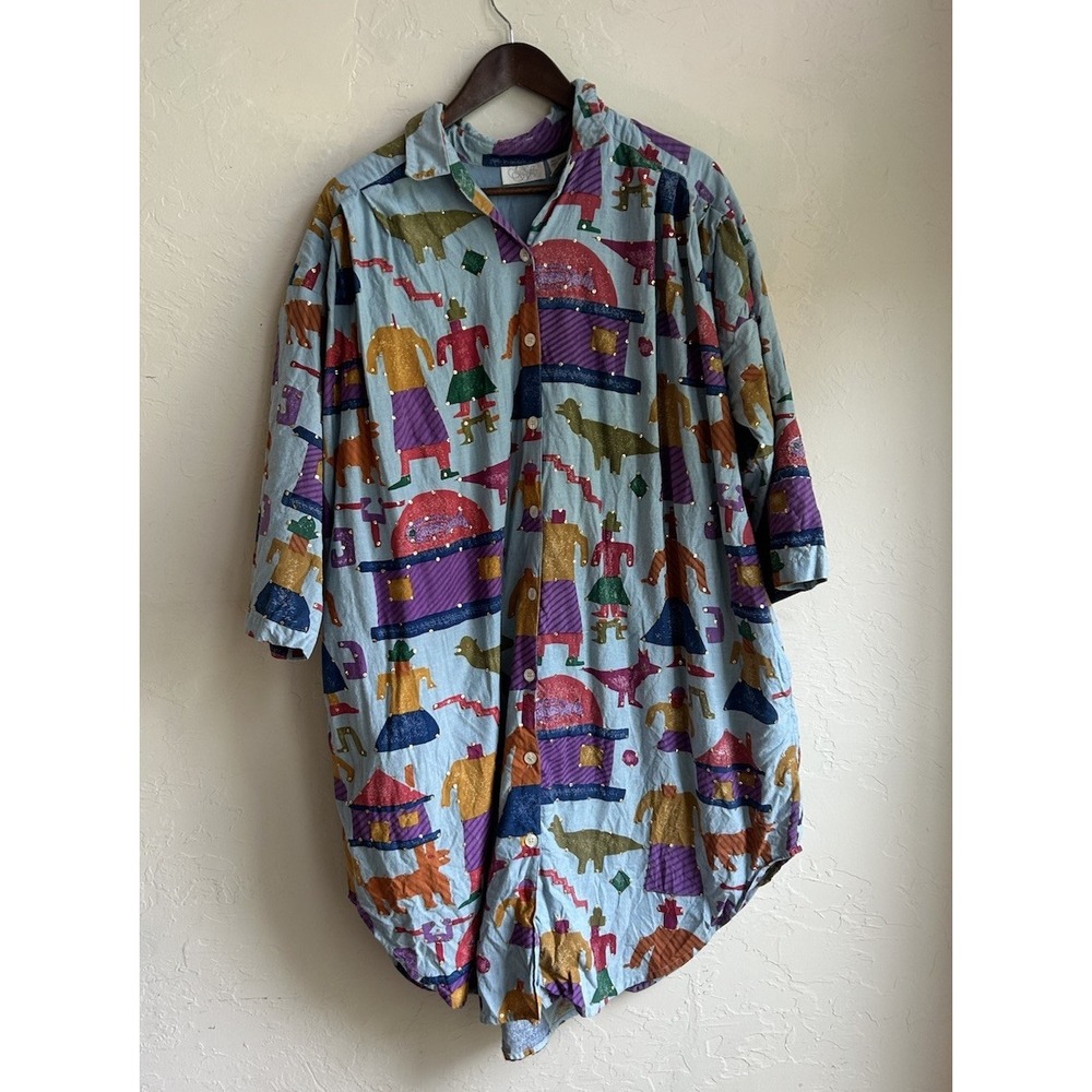 Vintage Go Softly Button‎ Up Shirt Dress Oversized Tunic L Folk Art Novelty Rare